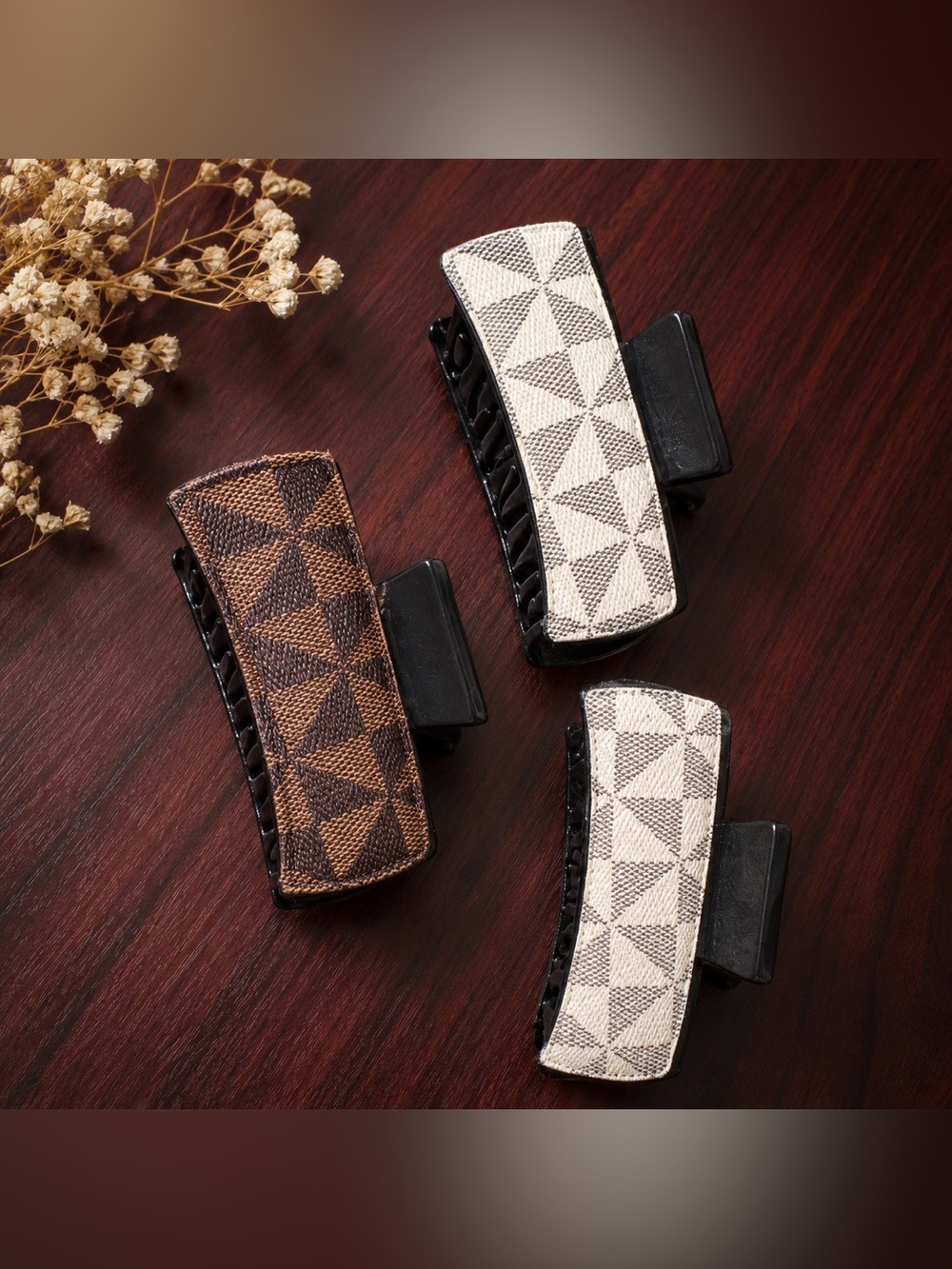 Set of 3 Neutral Hair Claw Clips | Brown & Cream Checkered 4” Bundle